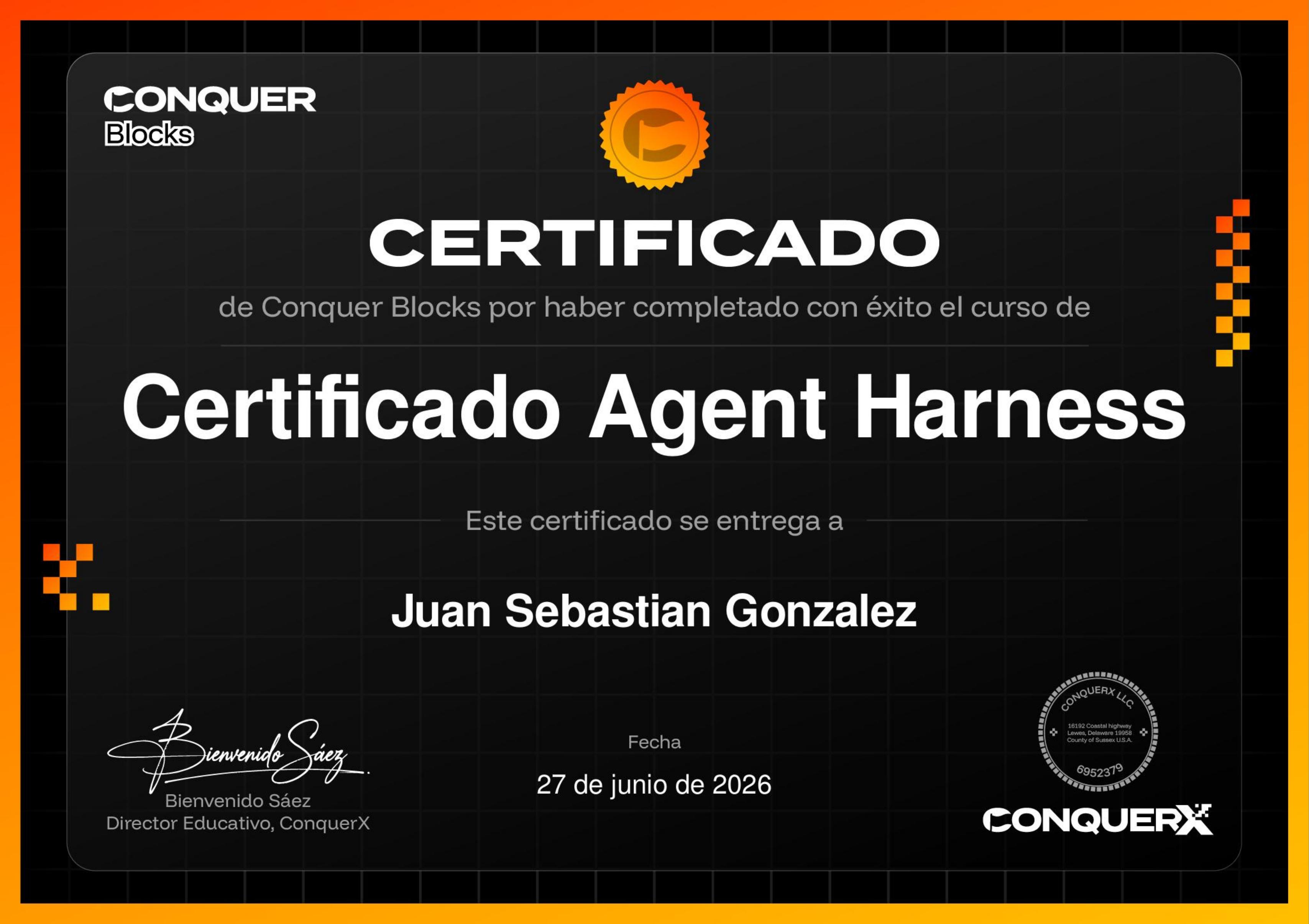 Certificado Agent Harness de Conquer Blocks